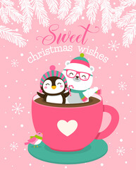 Cute cartoon animals in love concept for christmas and new year celebration.