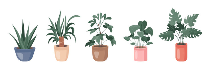 Trendy collection of home cute houseplants in flowerpots pack icons. Set of popular home decor flowers in pot modern illustrations. Cozy vector plants decoration elements in flat swiss graphic style.