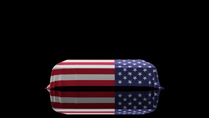 3D rendering of a casket on a Black Background covered with the Country Flag of United States