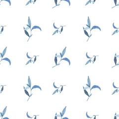 Watercolor color blue leaves seamless pattern. Watercolor fabric. Repeat leaves. Use for design invitations, birthdays, weddings