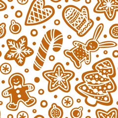 Foto op Canvas Ginger Cookies seamless pattern. Gingerbread Man, Christmas Tree, snowflake, star, hare, candy cane, mitten. Different Winter Holiday Sweets. Hand drawn vector background for wrap, gift paper, textile © Angela Sushina