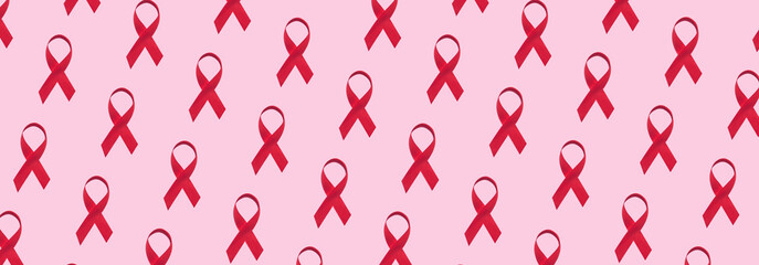 Banner with red ribbons pattern symbol of world aids day on pink background - obrazy, fototapety, plakaty