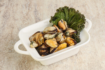 Tasty marinated mussels in the bowl