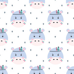 seamless pattern with cartoon hippo, vector illustration