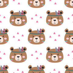 seamless pattern with cute cartoon tribal bear