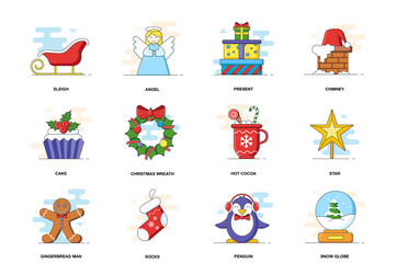 Christmas web concept stroke flat line icons isolated set. Merry Xmas holiday bundle. Graphic linear symbols collection for website design. Vector conceptual pack outline pictograms for mobile app