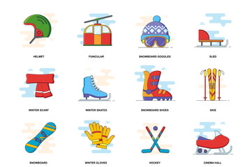 Winter activities concept stroke flat line icons isolated set. Sports equipment bundle. Graphic linear symbols collection for website design. Vector conceptual pack outline pictograms for mobile app