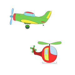 An outline vector illustration of a toy helicopter and an airplane airplane isolated on transparent background. Designed in red, green, blue, yellow colors for web concepts, prints, wraps, templates.