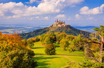 Hohenzollern Castle, Germany. View of the castle and surrounding countryside from the Albtrauf.