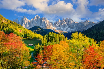 Val di Funes, Italy. Santa Maddalena village in front of the Odle(Geisler) mountain group of the...
