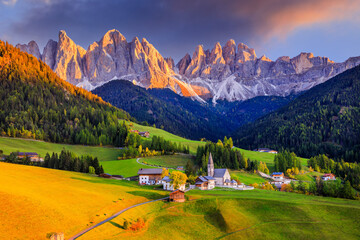 Val di Funes, Italy. Santa Maddalena village in front of the Odle(Geisler) mountain group of the...