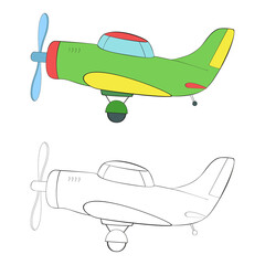 An outline vector illustration of two toy airplanes isolated on transparent background. Designed in black and white, red, green, blue, yellow colors as a coloring book page.