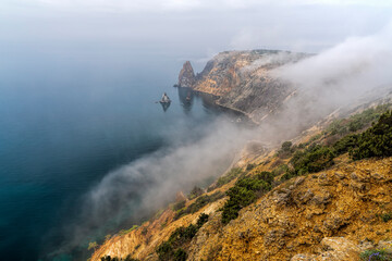 Dawn over the sea and mountains in the Primorsky Territory, Russia
