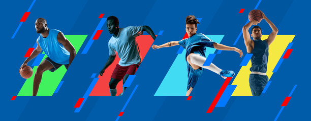 Sport collage. Multiethnic men, professional basketball and football players in action isolated on bright colorful geometric background.