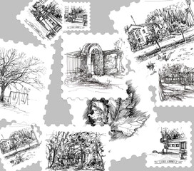 Seamless texture with graphic black and white pattern of city streets and parks. Urban landscape. Handmade work. Stylish thin line. Stamps depicting the streets of the city. Nostalgia. Travel and walk