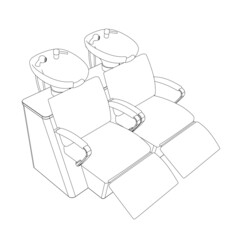 Contour of two chairs for washing a head in a salon from black lines, isolated on a white background. Isometric view. Vector illustration
