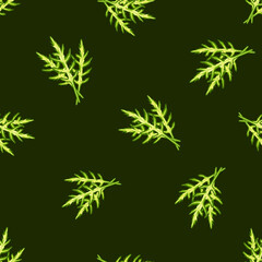 Seamless pattern bunch arugula salad on dark green background. Simple ornament with lettuce.