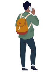 People with phones. Man talking on phone, young boy with backpack back view, social communication, using gadget and electronic device. Teenager with smartphone vector illustration