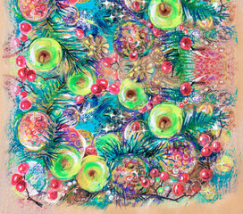 Christmas decoration. Apples, a Christmas tree, festive lights. Drawing with wax crayons. Homely, calm, naturalistic, still life. Background, fragment for a postcard. 20 oz Tumbler Sublimation.