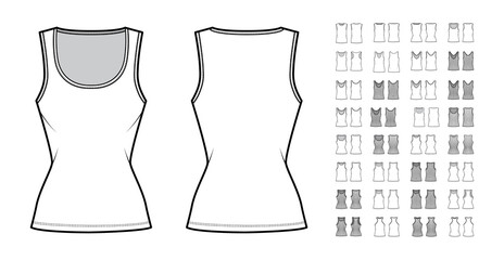 Set of tanks, sleeveless tops, blouses technical fashion illustration with fitted oversized body, scoop neck, short. Flat apparel template front, back, white grey color. Women, men unisex CAD mockup