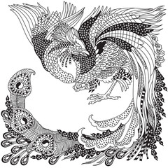 Chinese phoenix or Feng Huang Fenghuang mythological bird. One of celestial feng shui animals. Graphic style vector illustration. Black and white