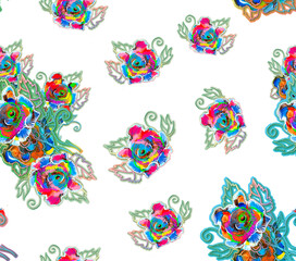 Drawing with watercolor paints. Flowers, floral ornament. Bright contrasting roses. Ethnic pattern, abstraction. Petals and branches. Graphic illustration for cards and printing on fabric and packagin