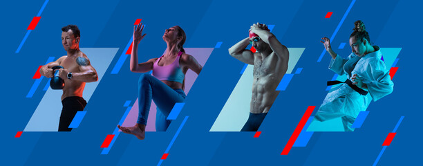 Sport collage. Multiethnic people, professional athletes in action isolated on bright colorful...