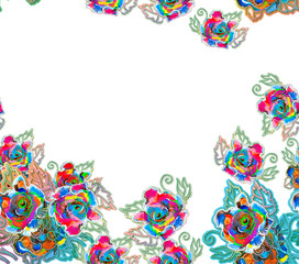 Drawing with watercolor paints. Flowers, floral ornament. Bright contrasting roses. Ethnic pattern, abstraction. Petals and branches. Graphic illustration for cards and printing on fabric and packagin