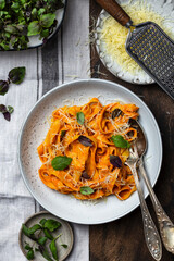 pumpkin pasta tagliatelle alla vodka with basil