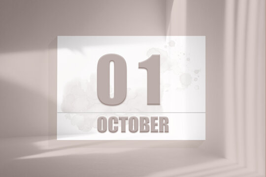october 01. 01th day of the month, calendar date.White sheet of paper with numbers on minimalistic pink background with window shadows.Autumn month, day of the year concept