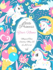 Unicorns frame. Cute children design. Fairy tales baby background. Sweet magic horses with horns and wings. Birthday card. Funny pony and flowers. Invitation design. Vector concept