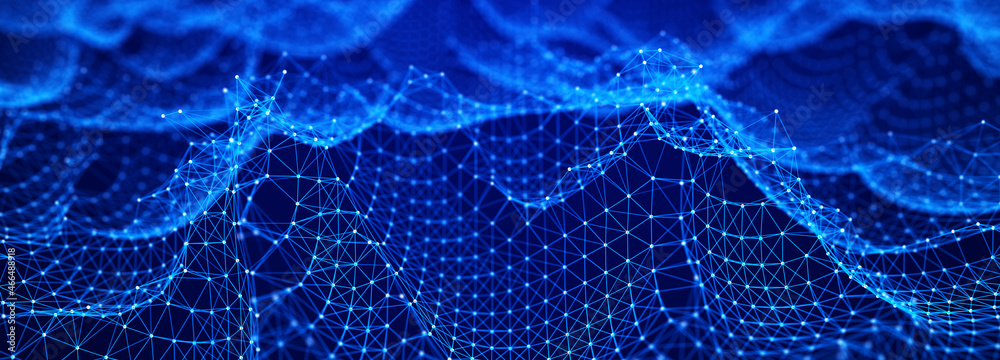 Fototapete Abstract background of points and lines. Cyber wave. Big data stream. 3d rendering
