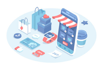 Shopping online via mobile application. Store and shop on smartphone. Online digital marketing. Vector illustration in 3d design. Isometric web banner.