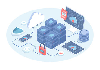 Big data processing center. Cloud database. System network administration. Vector illustration in 3d design. Isometric web banner.