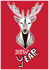 New year greeting card with hipster deer on red background.