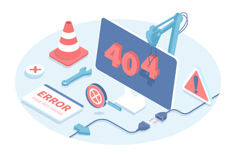 Error 404 - Page Not Found. Problems on the site, webpage is broken. Vector illustration in 3d design. Isometric web banner.