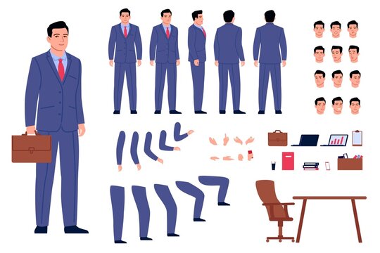 Businessman creation. Clerk male character editor kit. Isolated different body parts in various positions and gestures. Emotional faces. Workplace elements. Vector employee generator set