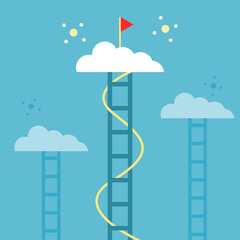 Stairs business step to red flag goal success on white cloud flat vector design. © Jedsada Naeprai