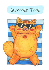 Summer card with a cat. Summer time. Ginger fat cat sunbathing in the sun watercolor illustration.
