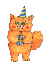 Postcard with fat ginger cat watercolor illustration. Birthday boy. Cat with a gift and a festive cap.
