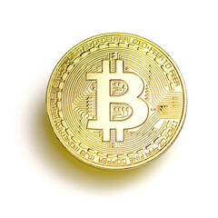 Gold bitcoin coin close-up hovers over white background the top view. Virtual money and digital crypto currency concept.