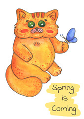 Spring card with a cat. Ginger fat cat with butterfly watercolor illustration.