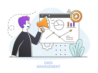 Data driven marketing concept. Man analyzes and manages data. Character with megaphone promotes and advertises company. Attracting new customers to achieve success. Cartoon flat vector illustration