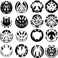 A set of round silhouettes .Prints of round patterns. Monochrome drawings to create a mask. For printing on key rings, mugs and jewelry. Badges, emblems and logos. Design blanks. Stamp, seal.