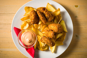 plate with fried cockerel skewers with potato dippers and bowl of gravy, over a wooden table © Luca