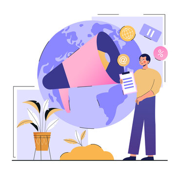 Macromarketing abstract concept. Man engaged in global marketing strategy. Employee promotes company around world using Internet and social networks. Cartoon contemporary flat vector illustration