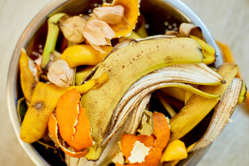 Top view of organic composting with leftover from kitchen, Recycling scraps concept, Sustainable...