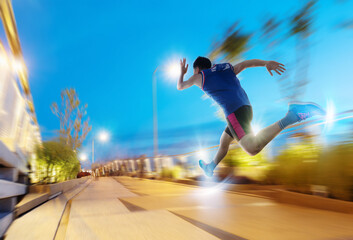 Fototapeta na wymiar a man as athlete runner in high speed running action on the road toward the light with night sky background.
