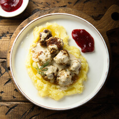 Traditional Swedish meatballs with mashed potato