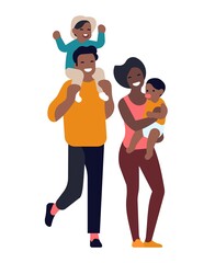 Happy family. Man and woman with twins, little kids walking with african americans parents, black mom and dad with boy and girl kids, parenthood and childhood concept, vector illustration
